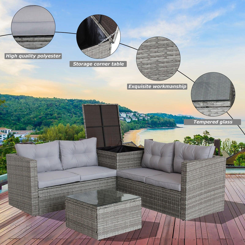 4 PCS Patio Sectional Wicker Rattan Outdoor Furniture Sofa Set withStorage Box Grey - Urban Living Furniture (Los Angeles, CA)