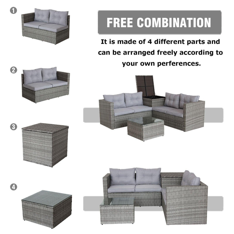 4 PCS Patio Sectional Wicker Rattan Outdoor Furniture Sofa Set withStorage Box Grey - Urban Living Furniture (Los Angeles, CA)