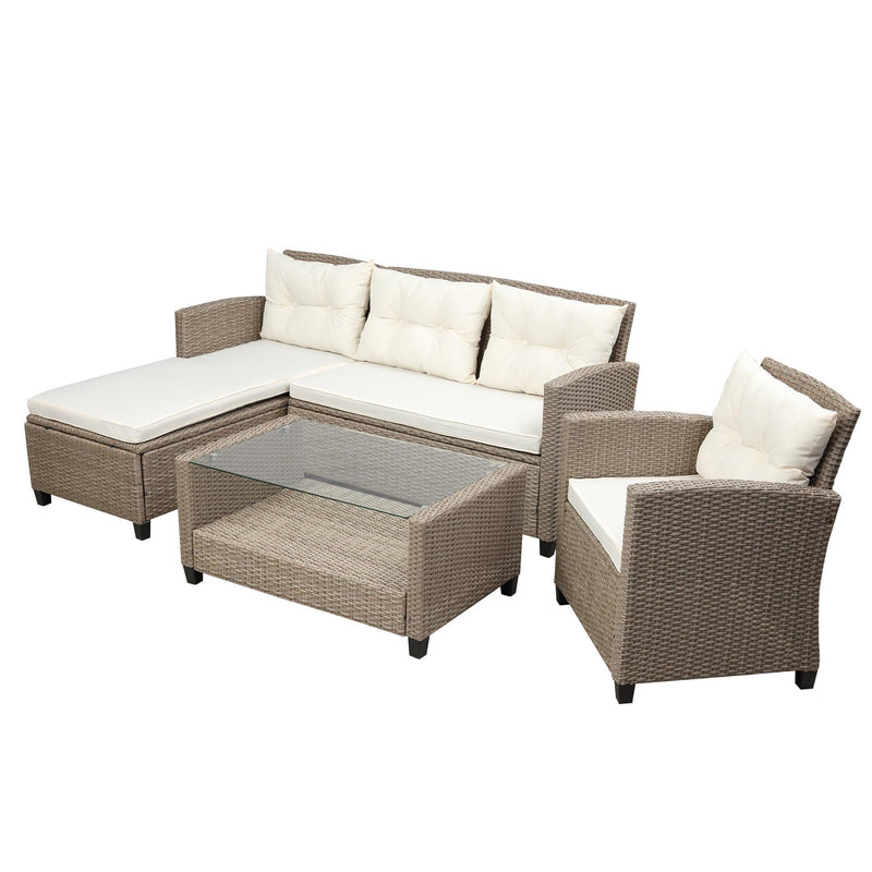 Outdoor, Patio Furniture Sets, 4 PCS Conversation Set Wicker Ratten Sectional Sofa with Seat Cushions(Beige Brown)