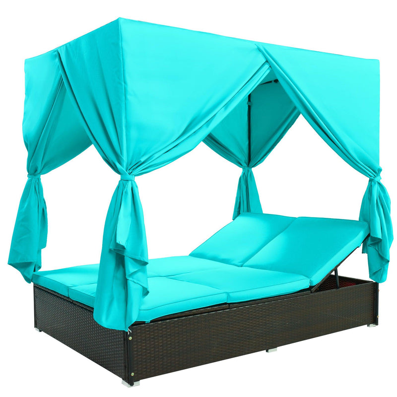 Outdoor Patio Wicker Sunbed Daybed with Cushions and Adjustable Seats - Blue Cushions - Urban Living Furniture (Los Angeles, CA)