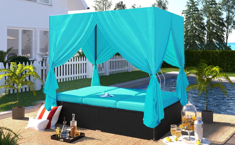 Outdoor Patio Wicker Sunbed Daybed with Cushions and Adjustable Seats - Blue Cushions - Urban Living Furniture (Los Angeles, CA)