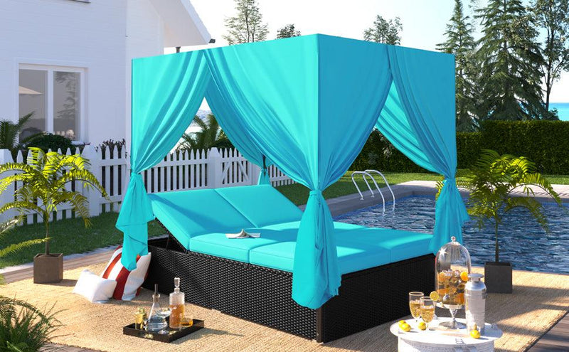 Outdoor Patio Wicker Sunbed Daybed with Cushions and Adjustable Seats - Blue Cushions