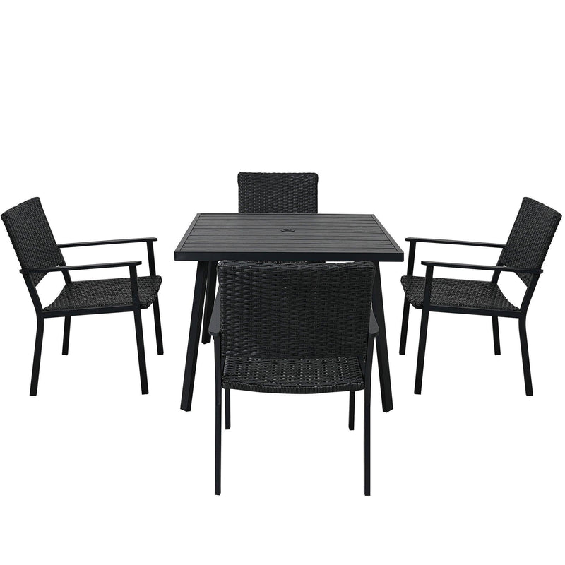 Outdoor Patio PE Wicker 5 PCS Dining Table Set with Umbrella Hole and 4 Dining Chairs for Garden, Deck,Black FrameandBlack Rattan