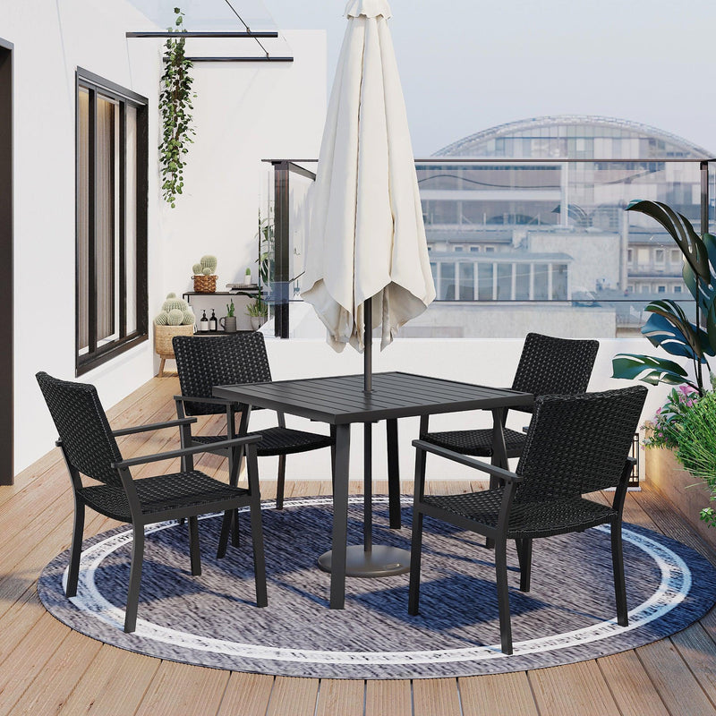 Outdoor Patio PE Wicker 5 PCS Dining Table Set with Umbrella Hole and 4 Dining Chairs for Garden, Deck,Black FrameandBlack Rattan