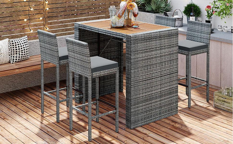 5 PCS Outdoor Patio Wicker Bar Set, Bar Height Chairs With Non-Slip Feet And Fixed Rope, Removable Cushion, Acacia Wood Table Top, Brown Wood And Gray Wicker - Urban Living Furniture (Los Angeles, CA)