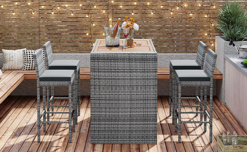 5 PCS Outdoor Patio Wicker Bar Set, Bar Height Chairs With Non-Slip Feet And Fixed Rope, Removable Cushion, Acacia Wood Table Top, Brown Wood And Gray Wicker