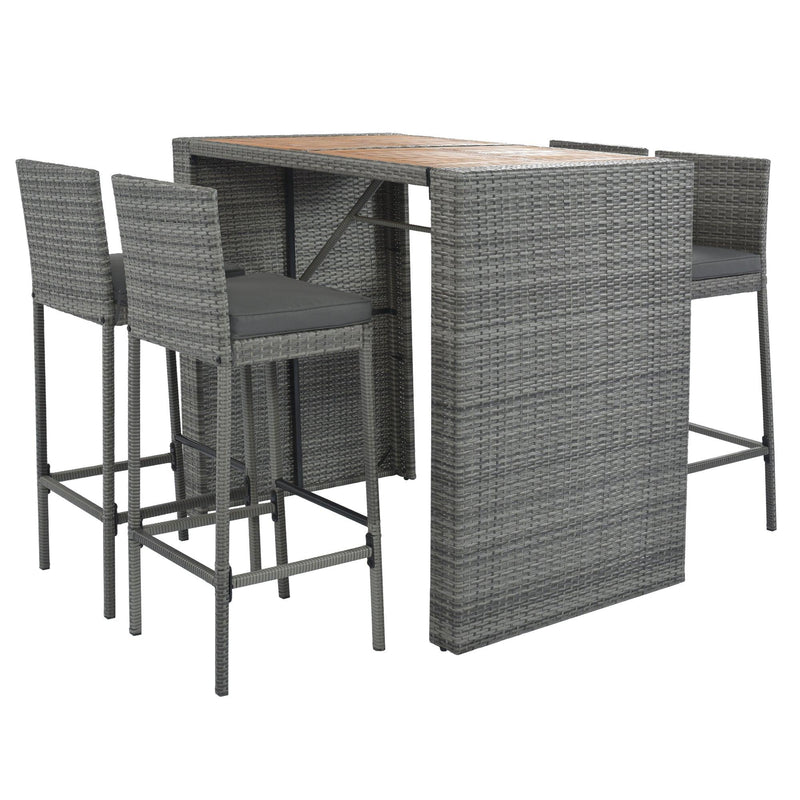 5 PCS Outdoor Patio Wicker Bar Set, Bar Height Chairs With Non-Slip Feet And Fixed Rope, Removable Cushion, Acacia Wood Table Top, Brown Wood And Gray Wicker