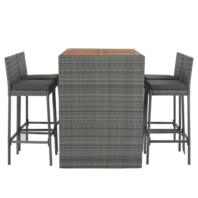 5 PCS Outdoor Patio Wicker Bar Set, Bar Height Chairs With Non-Slip Feet And Fixed Rope, Removable Cushion, Acacia Wood Table Top, Brown Wood And Gray Wicker