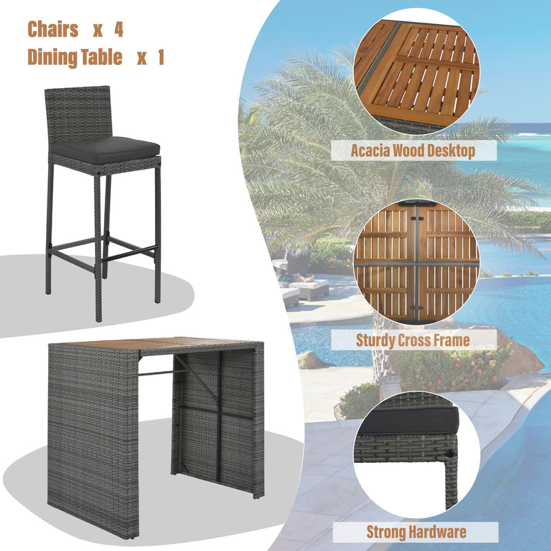 5 PCS Outdoor Patio Wicker Bar Set, Bar Height Chairs With Non-Slip Feet And Fixed Rope, Removable Cushion, Acacia Wood Table Top, Brown Wood And Gray Wicker