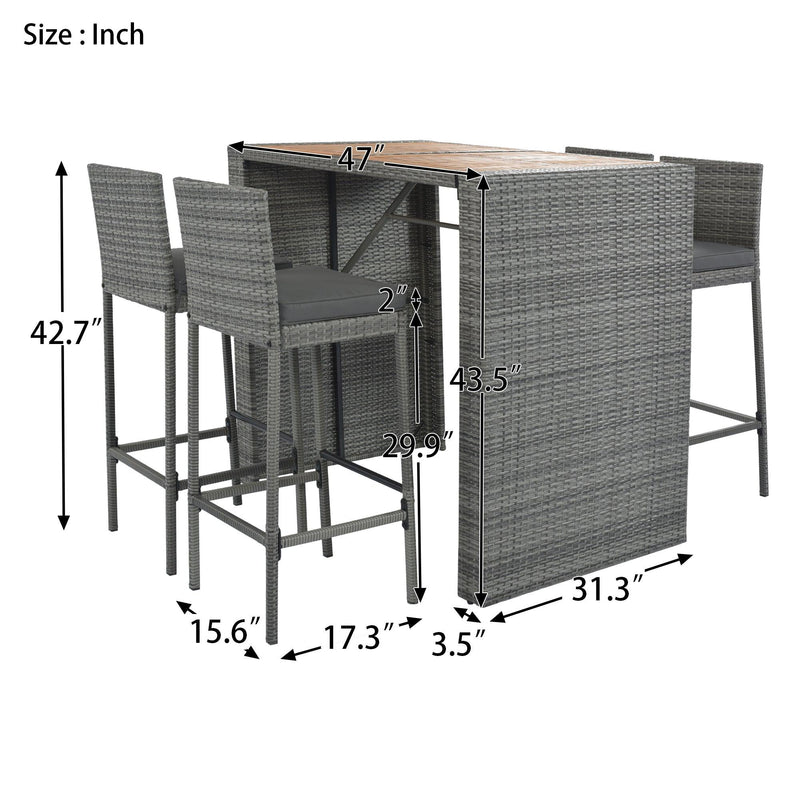 5 PCS Outdoor Patio Wicker Bar Set, Bar Height Chairs With Non-Slip Feet And Fixed Rope, Removable Cushion, Acacia Wood Table Top, Brown Wood And Gray Wicker - Urban Living Furniture (Los Angeles, CA)