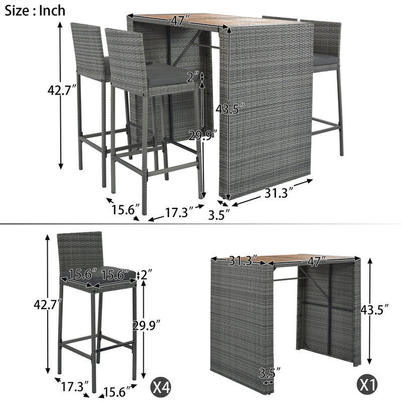 5 PCS Outdoor Patio Wicker Bar Set, Bar Height Chairs With Non-Slip Feet And Fixed Rope, Removable Cushion, Acacia Wood Table Top, Brown Wood And Gray Wicker - Urban Living Furniture (Los Angeles, CA)