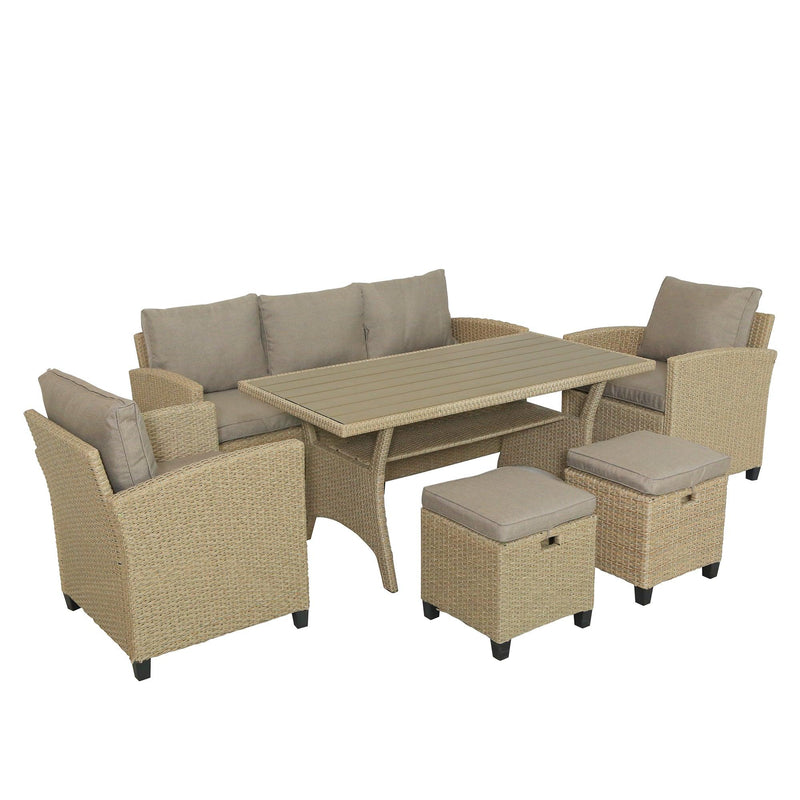 6 PCS Outdoor Patio Beige Rattan Wicker Dining Set with Beige Cushions - Urban Living Furniture (Los Angeles, CA)