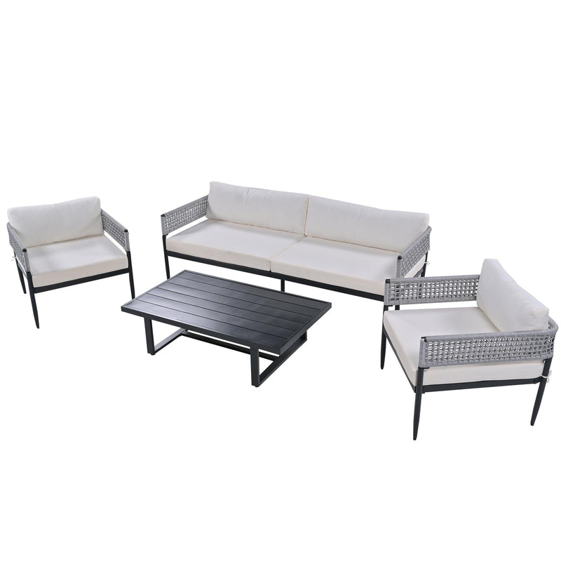 4 PCS Luxury Style Outdoor Seating Group with Beige Cushion And Woven Rope Styling