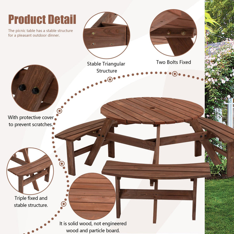 6-Person Circular Outdoor Wooden Picnic Table with 3 Built-in Benches - Brown