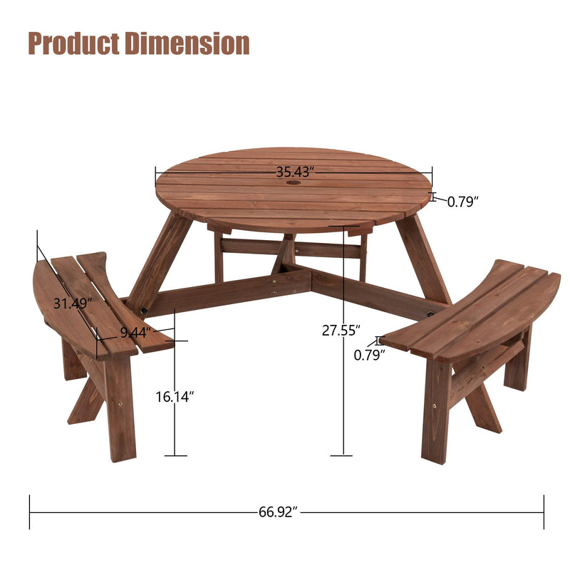 6-Person Circular Outdoor Wooden Picnic Table with 3 Built-in Benches - Brown