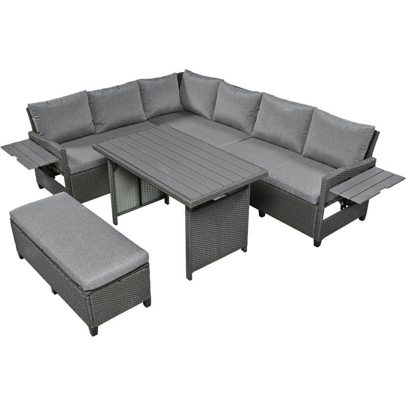 5 PCS Outdoor Patio PE Wicker Gray Rattan L-Shaped Sectional Sofa Set with 2 Extendable Side Tables, Dining Table and Washable Covers - Gray
