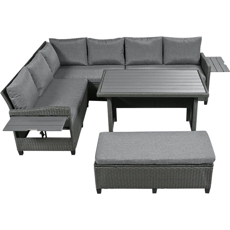 5 PCS Outdoor Patio PE Wicker Gray Rattan L-Shaped Sectional Sofa Set with 2 Extendable Side Tables, Dining Table and Washable Covers - Gray
