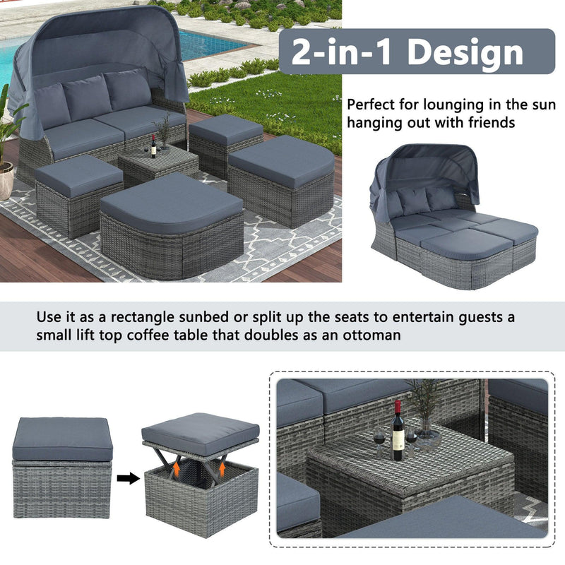 Outdoor Patio Furniture Set Daybed Sunbed with Retractable Canopy and Gray Cushions