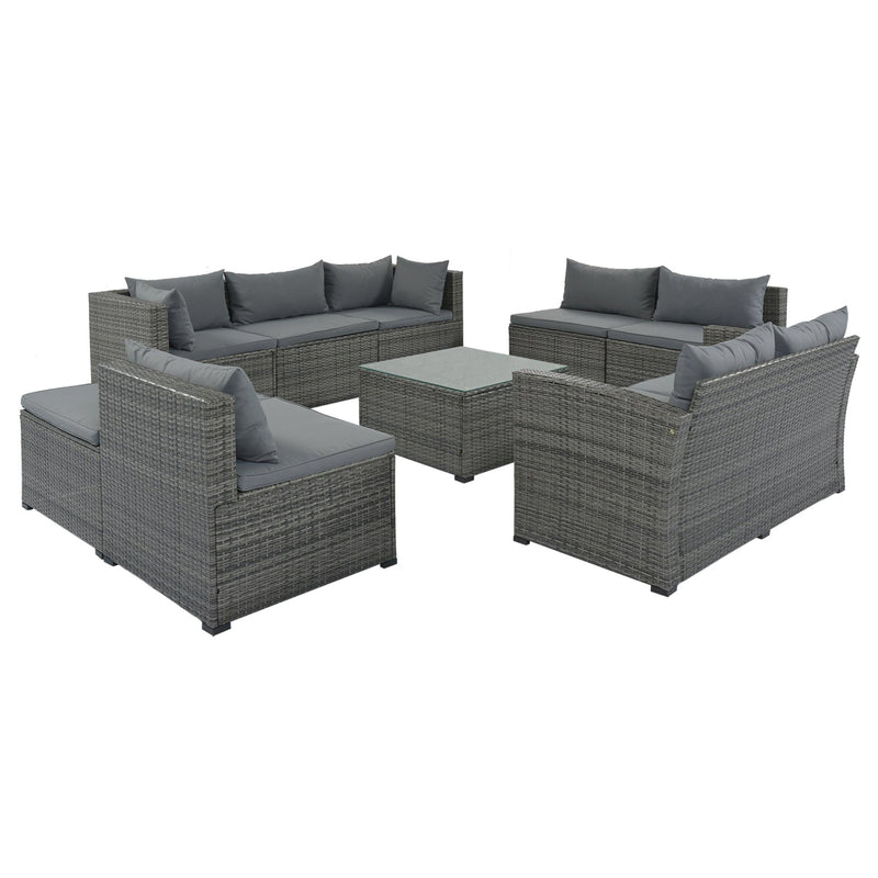 9 PCS Outdoor Patio Large Arrangeable Rattan Furniture Sofa Set with Gray Cushion and Gray Wicker