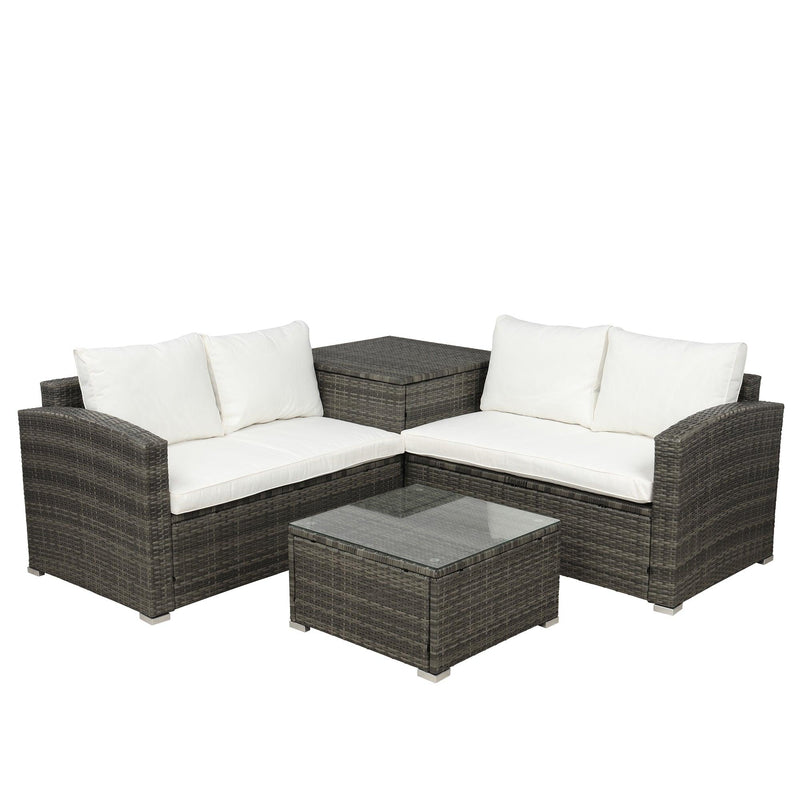 4 PCS Outdoor PE Rattan Wicker Sectional Sofa Set with Beige Cushion andStorage Box