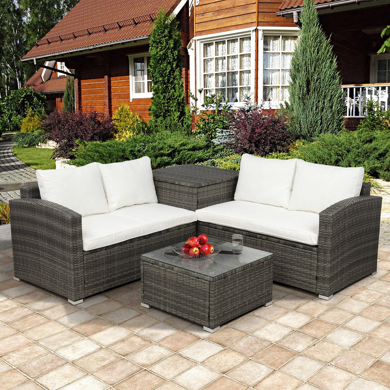 4 PCS Outdoor PE Rattan Wicker Sectional Sofa Set with Beige Cushion andStorage Box