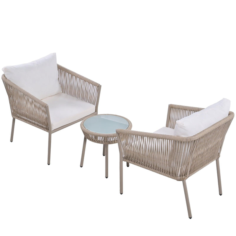2PCS Luxury Rattan Outdoor Seating Set Including 2 Armchairs and Coffee Table with Beige Cushions and Brown Rattan