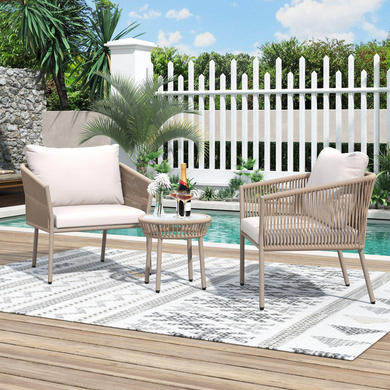 2PCS Luxury Rattan Outdoor Seating Set Including 2 Armchairs and Coffee Table with Beige Cushions and Brown Rattan - Urban Living Furniture (Los Angeles, CA)