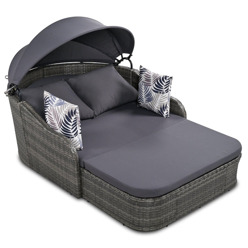 79.9" Outdoor Double Lounge Sunbed with Adjustable Canopy, Gray Wicker And Gray Cushion