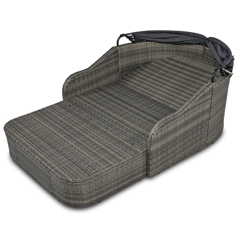 79.9" Outdoor Double Lounge Sunbed with Adjustable Canopy, Gray Wicker And Gray Cushion