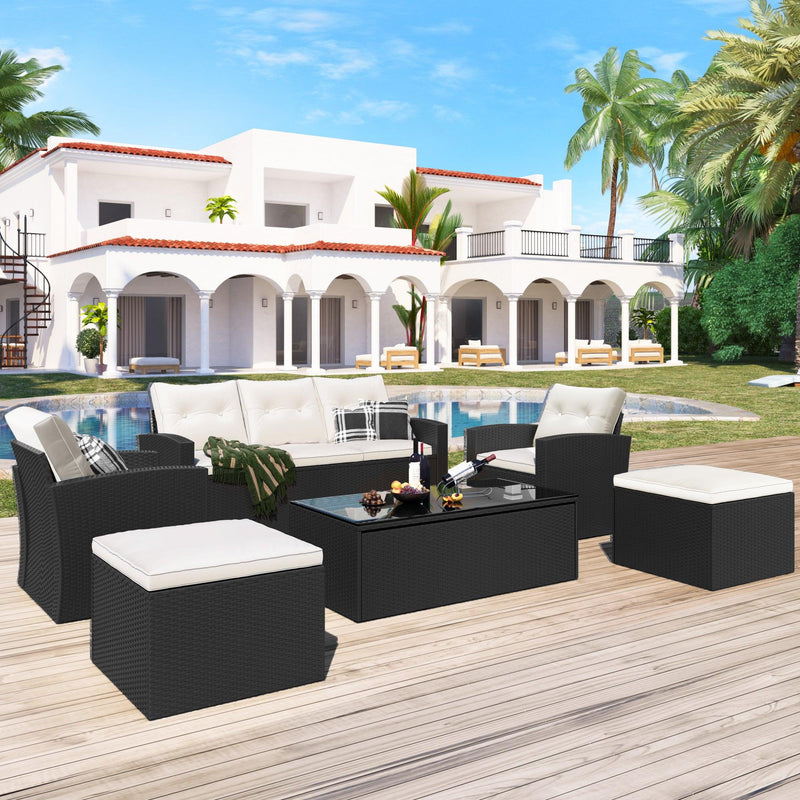 6 PCS All-Weather Wicker PE Rattan Patio Outdoor Dining Conversation Sectional Set with Black Wicker and Beige Cushions