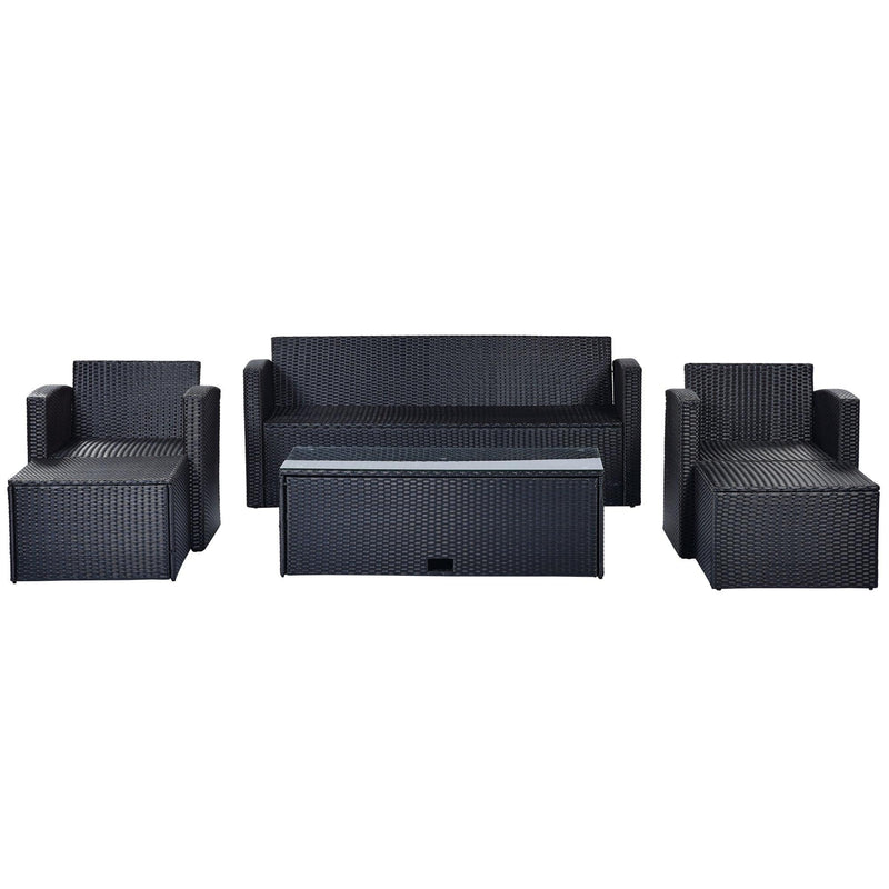 6 PCS All-Weather Wicker PE Rattan Patio Outdoor Dining Conversation Sectional Set with Black Wicker and Beige Cushions