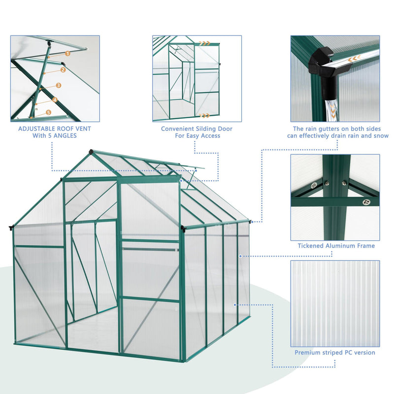 Outdoor Patio 6ft x 8ft Walk-in Polycarbonate Greenhouse with Window and Aluminum Base