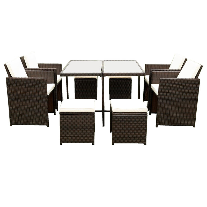 9 PCS Outdoor Patio Wicker Rattan Space Saving Dining Set with Ottoman and Cushions
