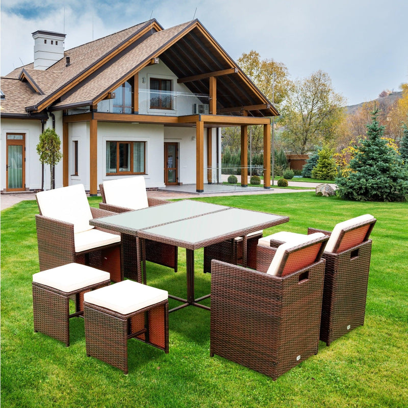 9 PCS Outdoor Patio Wicker Rattan Space Saving Dining Set with Ottoman and Cushions