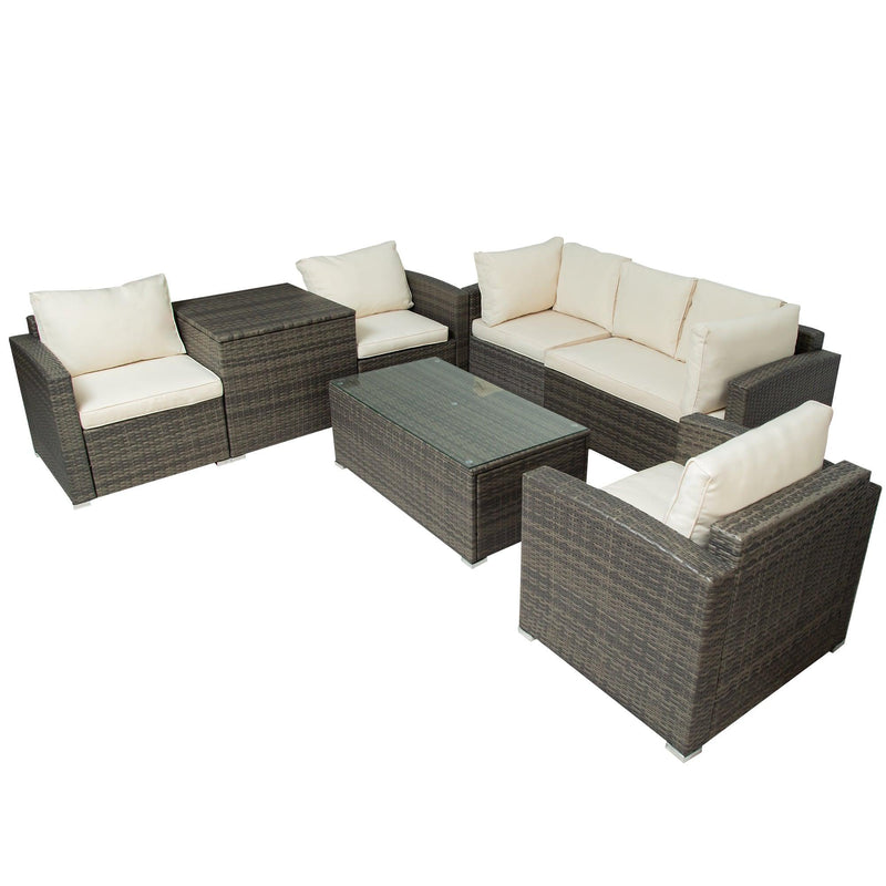 7 PCS Outdoor Patio Arrangeable Wicker Rattan Furniture Sets with Table,Storage Box, and Beige Cushion