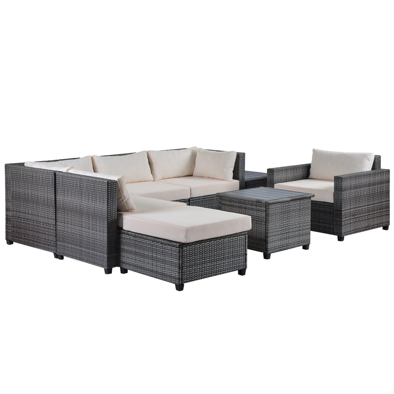 8 PCS Outdoor Patio Rattan Sectional Seating Group with Beige Cushions
