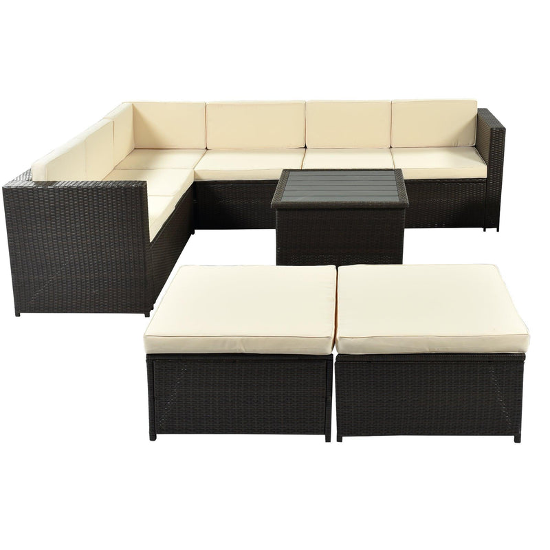 9 PCS Outdoor Gray Rattan Sectional Seating Group with Beige Cushions and Ottoman