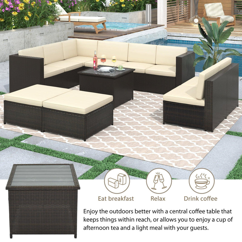 9 PCS Outdoor Gray Rattan Sectional Seating Group with Beige Cushions and Ottoman