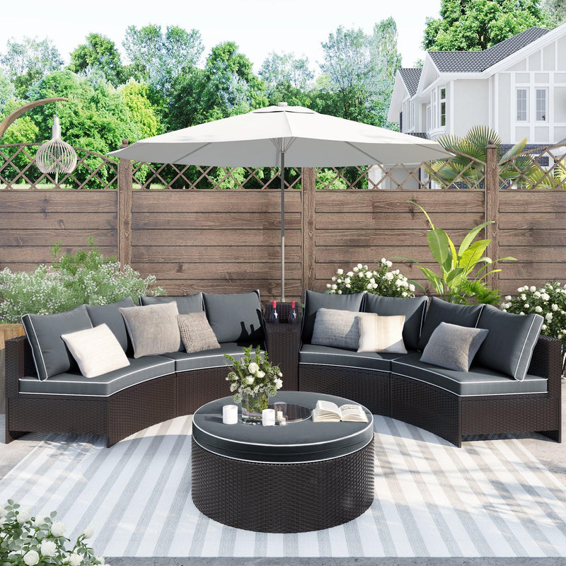 4 PCS Outdoor Patio Half-Moon Sectional Furniture Wicker Sofa Set with Two Pillows, Coffee Table, and Gray Cushions