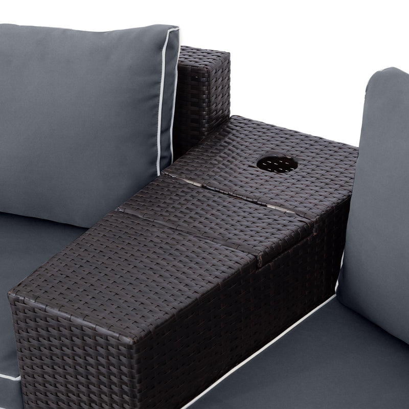 4 PCS Outdoor Patio Half-Moon Sectional Furniture Wicker Sofa Set with Two Pillows, Coffee Table, and Gray Cushions