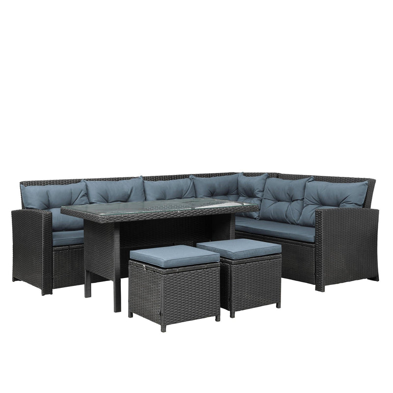6 PCS Patio Furniture Set Outdoor Sectional Sofa with Glass Table, Ottomans - Black