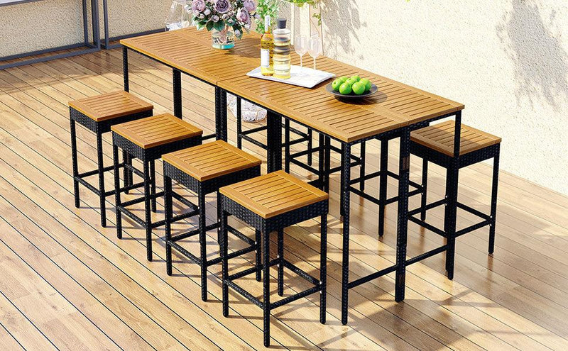 10 PCS Outdoor Patio Wicker Bar Set, Garden PE Rattan Wicker Dining Table, Square Stool Set, Foldable Tabletop, Acacia Wood Tabletop, High-Dining Bistro Set with 8 Stools And 2 Wood Table, Brown