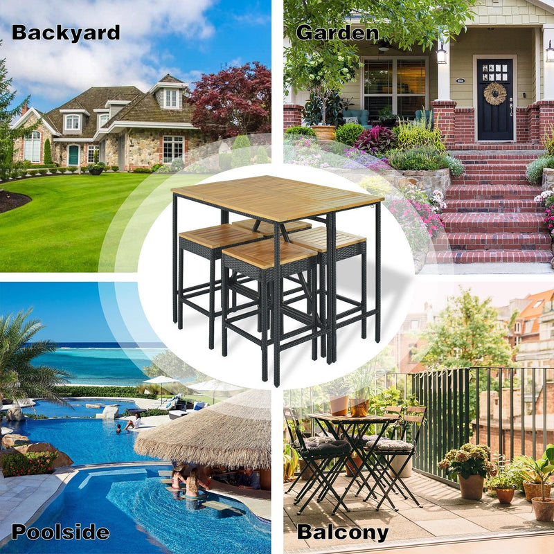 5 PCS Outdoor Patio Wicker Bar Set, Garden PE Rattan Wicker Dining Table, Square Stool Set, Foldable Tabletop, Acacia Wood Tabletop, High-Dining Bistro Set with 4 Stools And 1 Wood Table, Brown