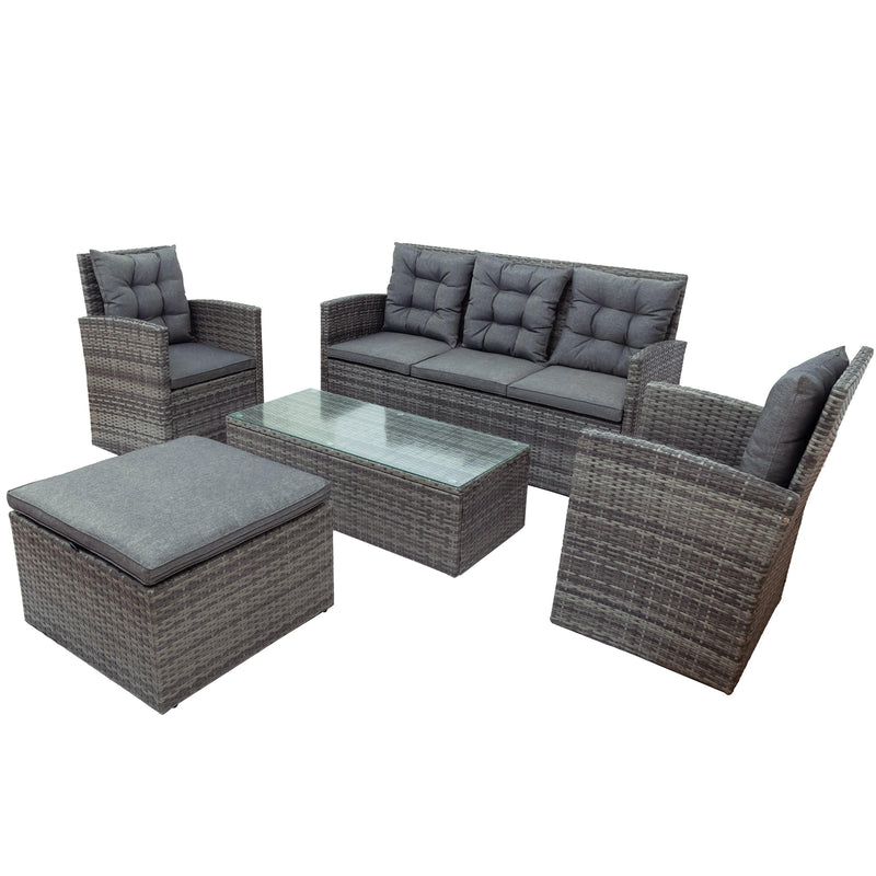 5 PCS Outdoor UV-Resistant Patio Sofa Set withStorage Bench All Weather PE Wicker Furniture Coversation Set with Glass Table - Gray