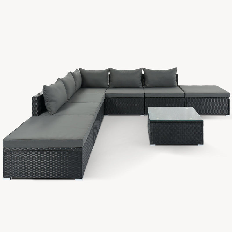 8 PCS Outdoor Patio Garden L-shaped Conversation Sectional Set with Gray Cushions and Black Rattan Wicker