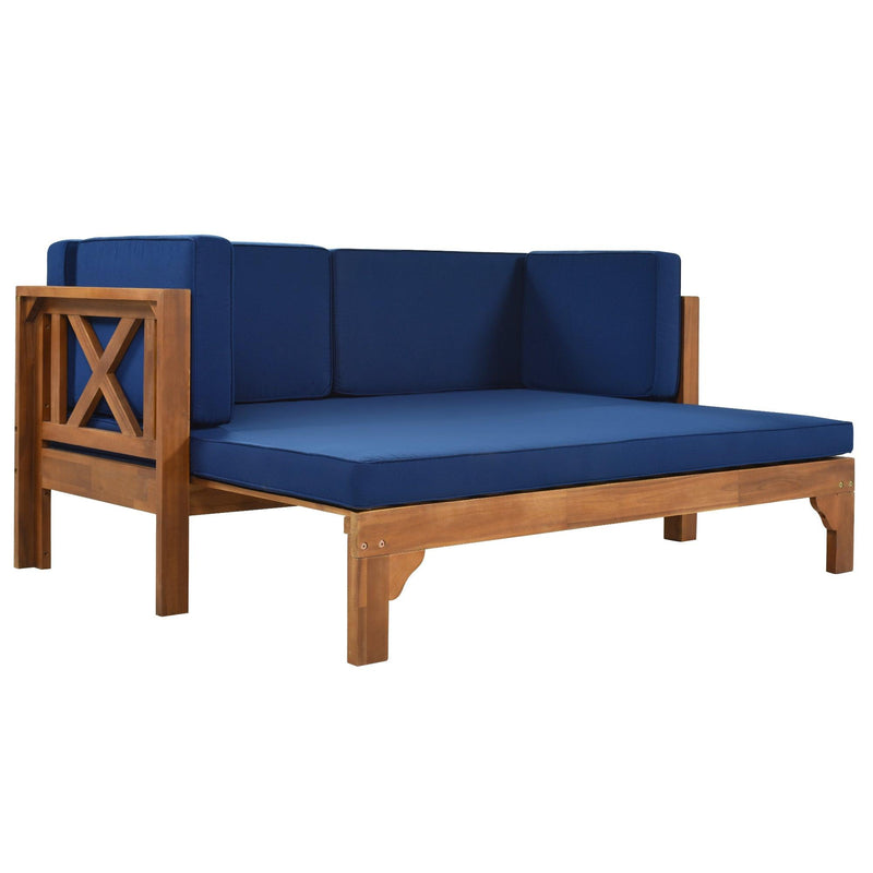 Outdoor Patio Extendable Wooden Sofa Set with Thick Blue Cushions - Urban Living Furniture (Los Angeles, CA)