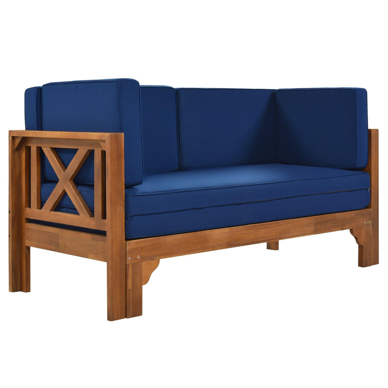 Outdoor Patio Extendable Wooden Sofa Set with Thick Blue Cushions - Urban Living Furniture (Los Angeles, CA)