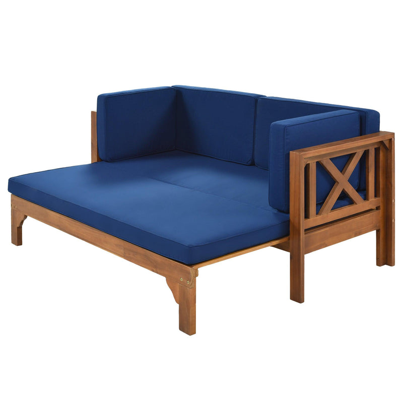 Outdoor Patio Extendable Wooden Sofa Set with Thick Blue Cushions - Urban Living Furniture (Los Angeles, CA)