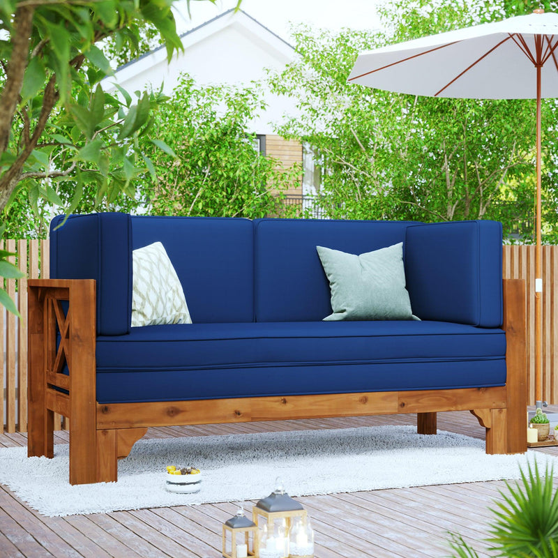 Outdoor Patio Extendable Wooden Sofa Set with Thick Blue Cushions - Urban Living Furniture (Los Angeles, CA)