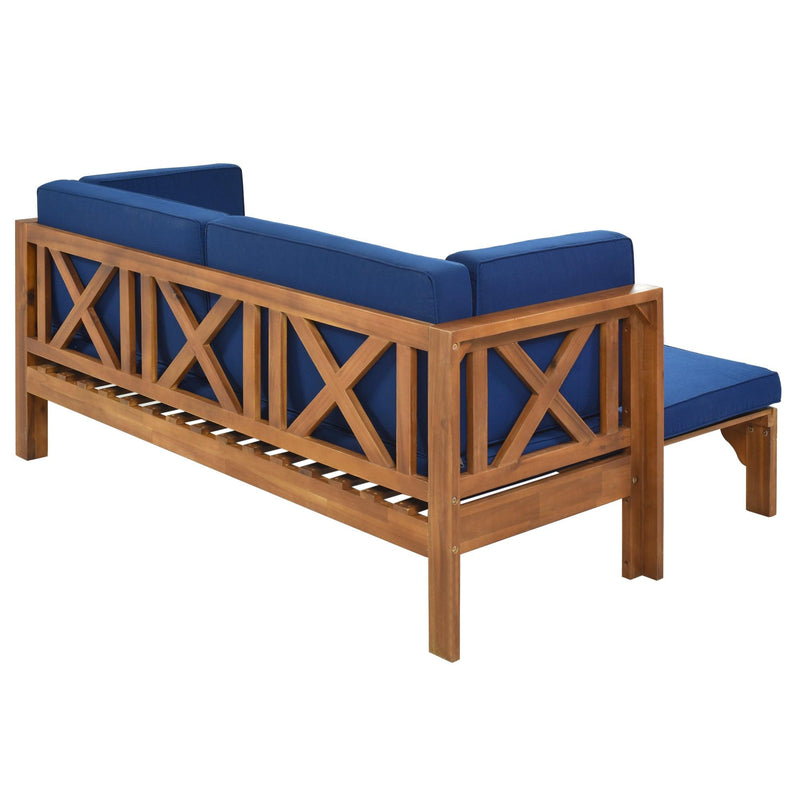 Outdoor Patio Extendable Wooden Sofa Set with Thick Blue Cushions - Urban Living Furniture (Los Angeles, CA)